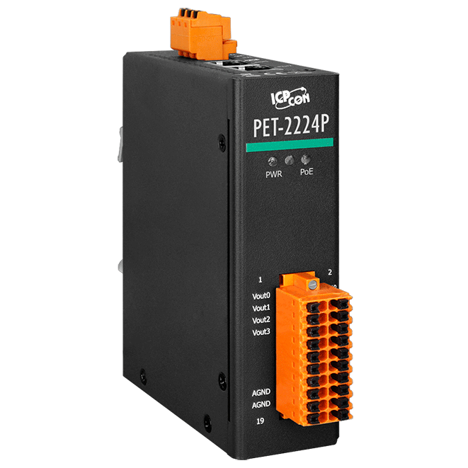 PET-2224P PoE I/O Module with 2-port Ethernet Switch, 16-bit with 4-ch Analog Output
