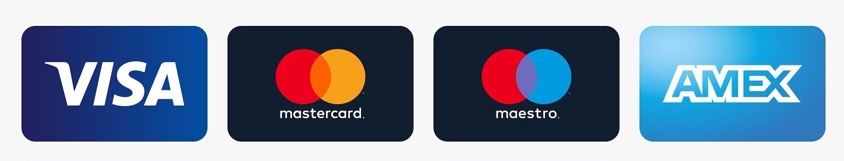 Visa, Mastercard, Maestro, and Amex logos.