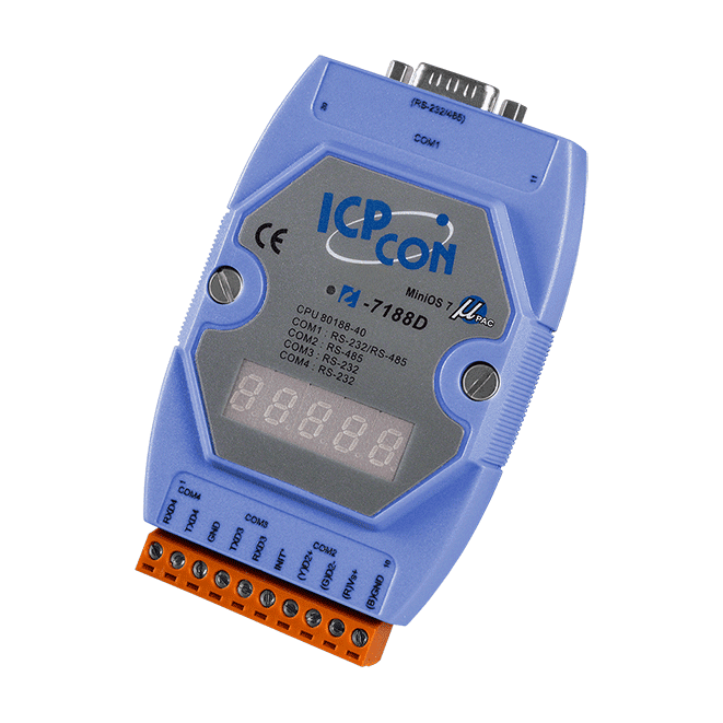 I-7188D/DOS/512 Serial PAC with 80188-40 CPU, ROM-DOS, 512KB Flash, 256KB SRAM and 7-Segment LED Display (Blue Cover)