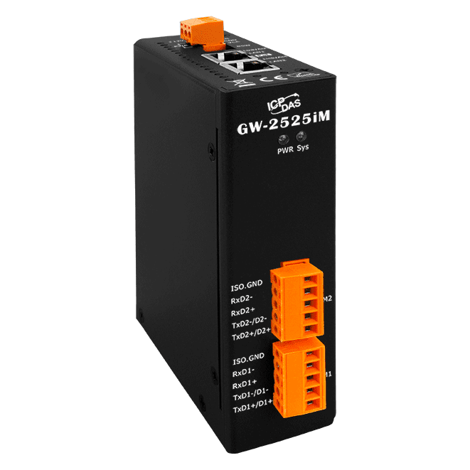 GW-2525iM Modbus TCP to RTU/ASCII Cybersecurity Gateway with 2-port Ethernet Switch & 2-port Isolated RS-422/485