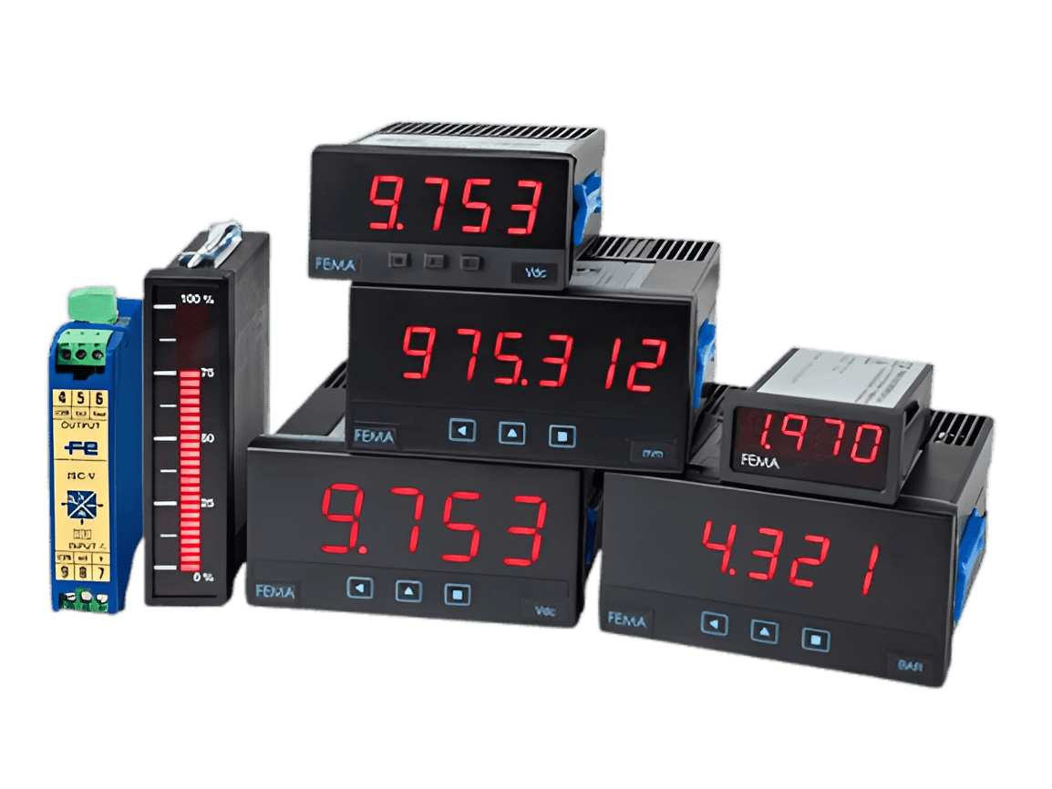 Digital display meters on black background