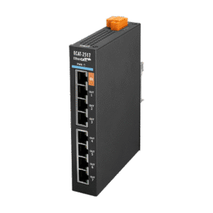 Black Ethernet switch with orange connector
