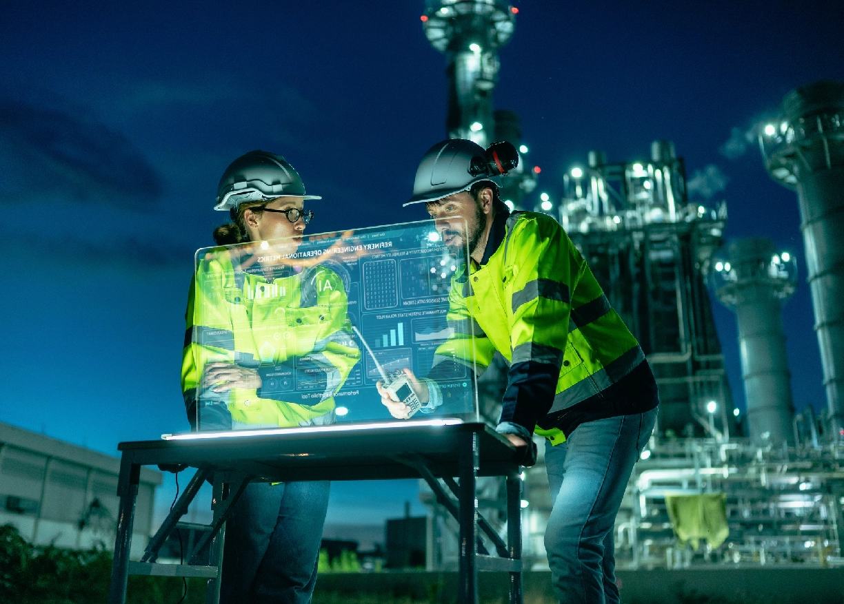 Workers reviewing digital display outdoors at night