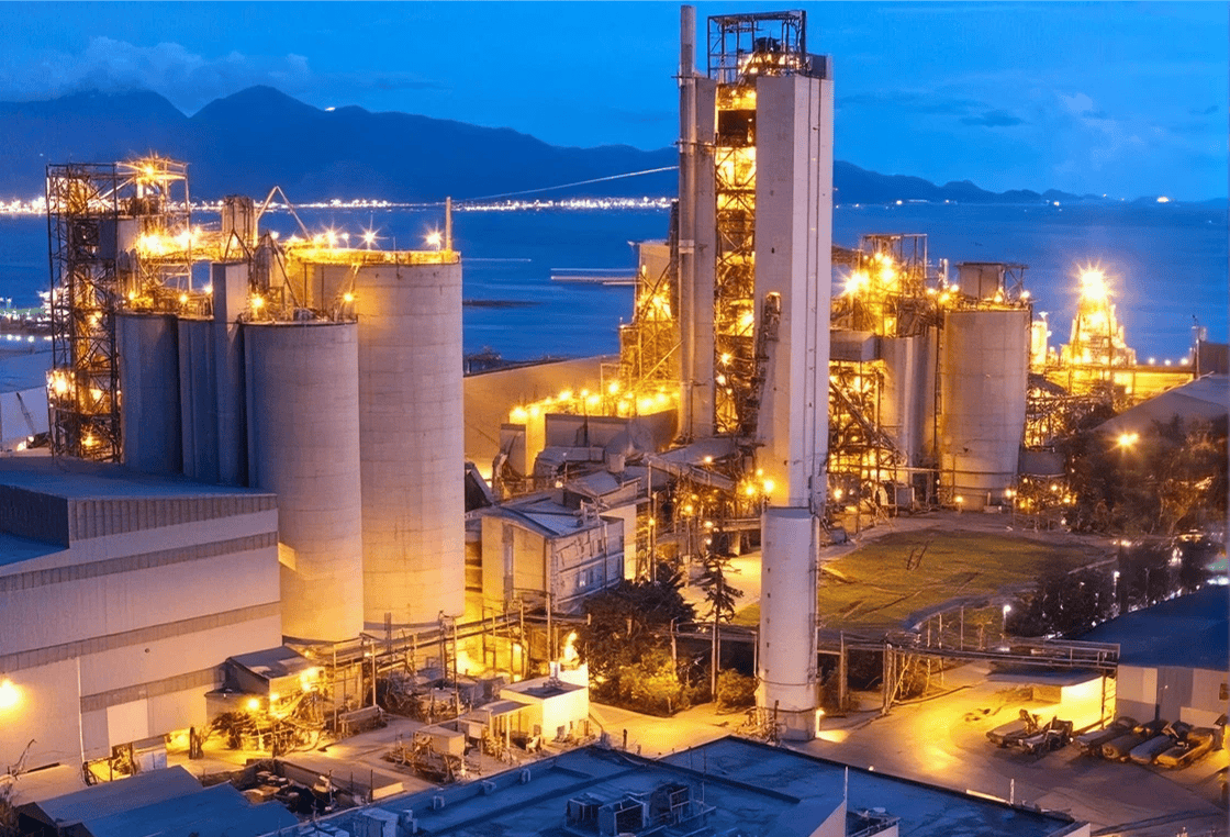 Industrial factory illuminated at night