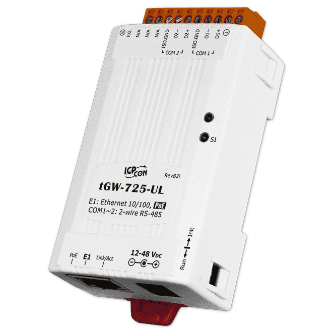 tGW-725-UL Tiny Modbus TCP to RTU/ASCII Gateway with PoE & 2-port RS-485 & UL Approved