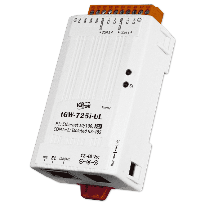 tGW-725i-UL Tiny Modbus TCP to RTU/ASCII Gateway with PoE & 2-port Isolated RS-485 & UL Approved